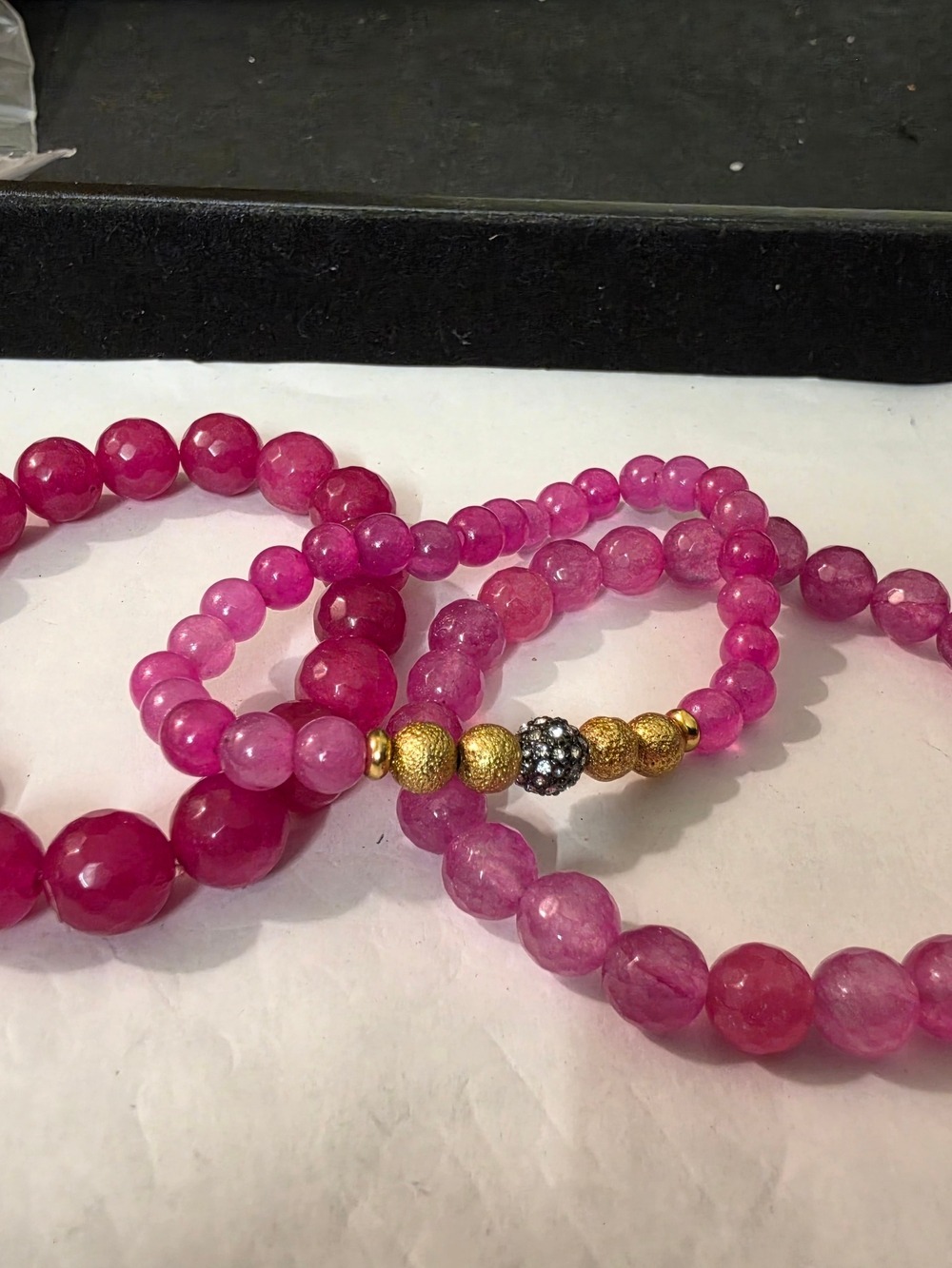 Pink Beaded Stretch Bracelet Set with Gold Accent 215